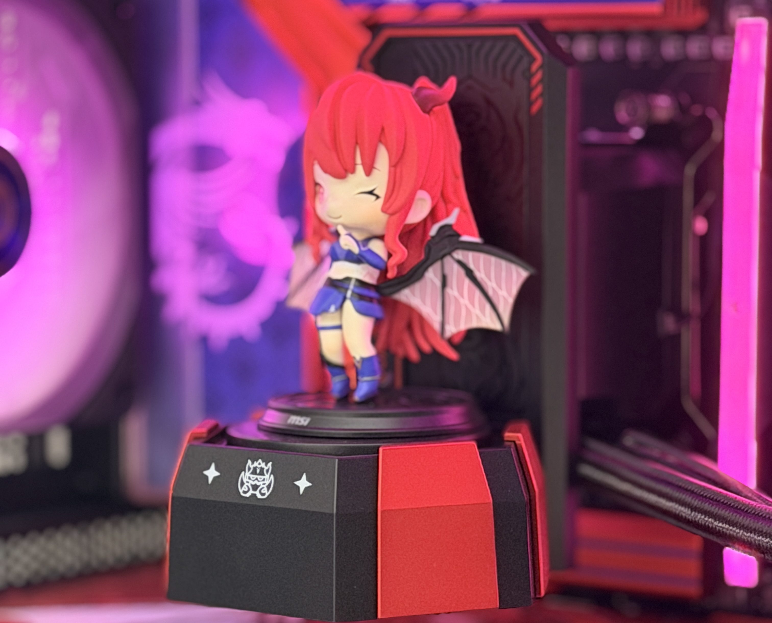 Close-up of custom gaming PC internals with pink RGB lighting