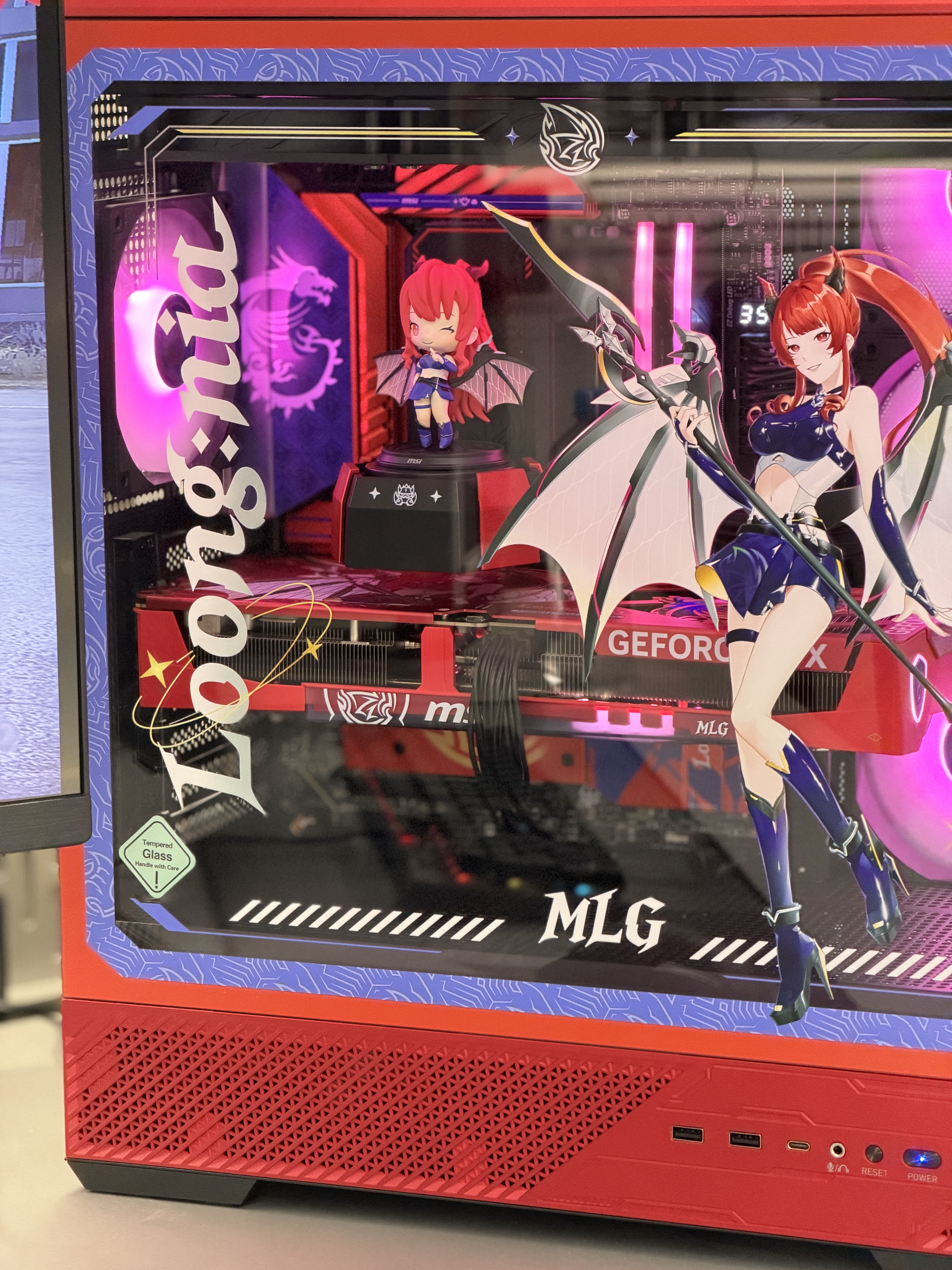 Close-up of a GeForce RTX graphics card inside a custom gaming PC build